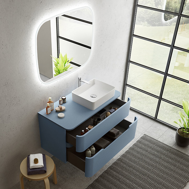 Ensemble de salle de bains L.104 cm meuble sous vasque version droite + plan de toilette bleu mat, Alba