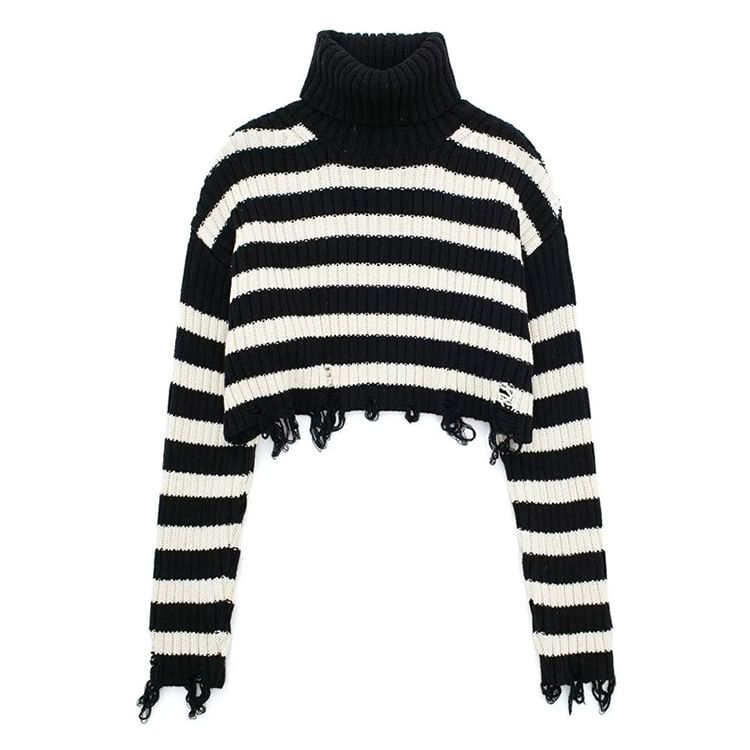 SugaYuja - Gestreepte crop top met lange mouwen en coltrui in distressed-stijl