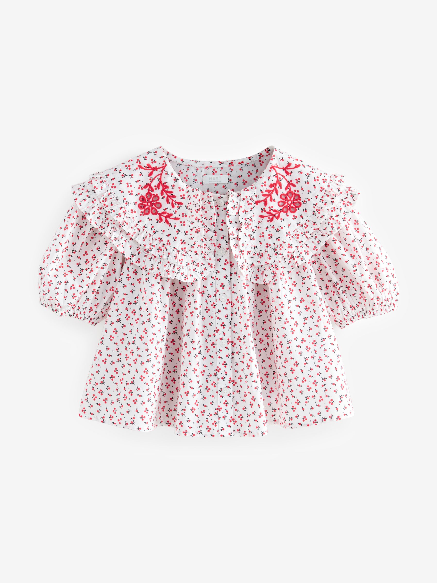 Rood gebloemd - Geborduurde kraag 100% katoenen blouse (3 - 16 jr)