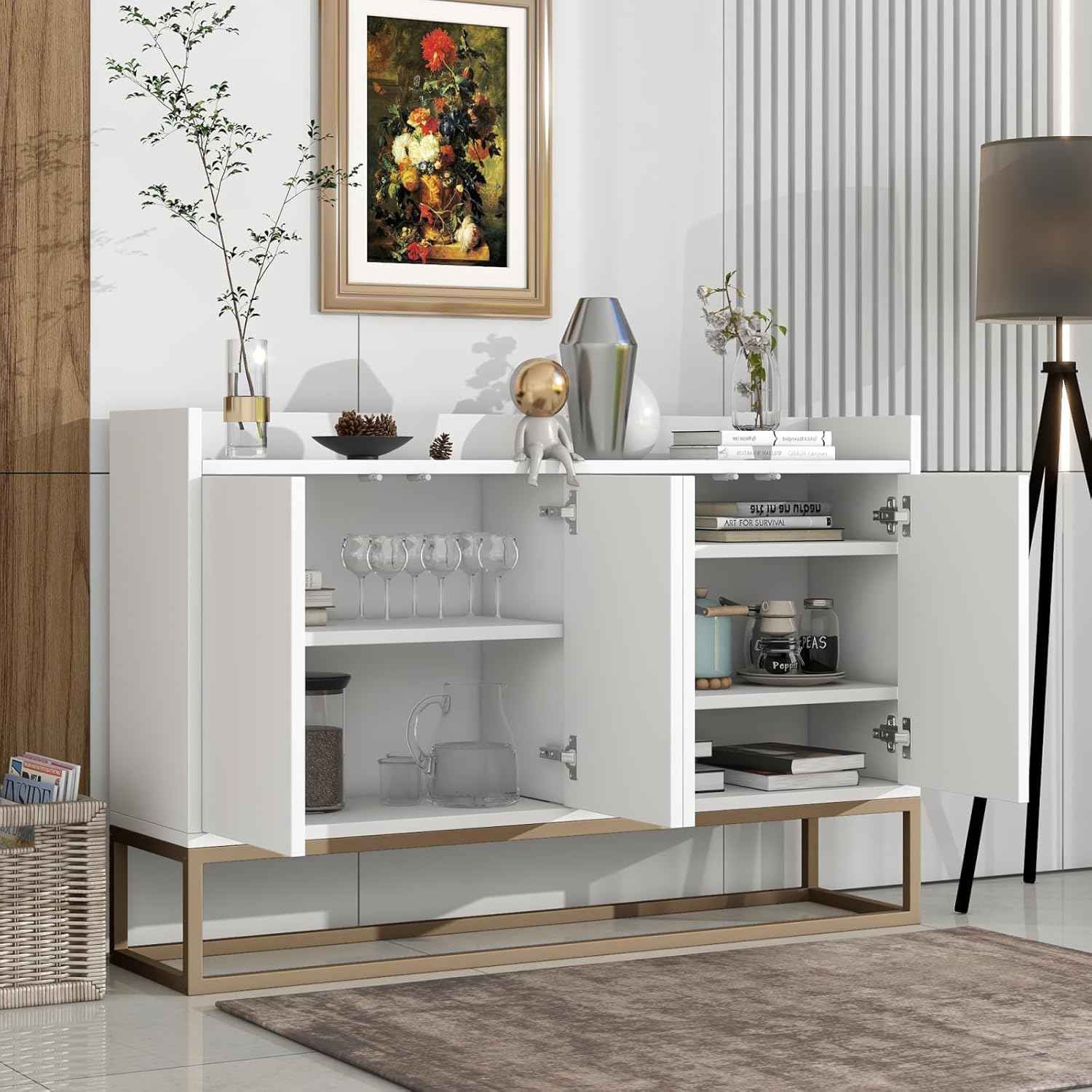 Sideboard Kommode 120cm breit,Modernes Buffetschrank mit 4 Türe,Kommode Schrank Buffetschrank mit Verstellbares Regal und Metallbeinen für Wohnzimmer und Esszimmer Küche,Weiß