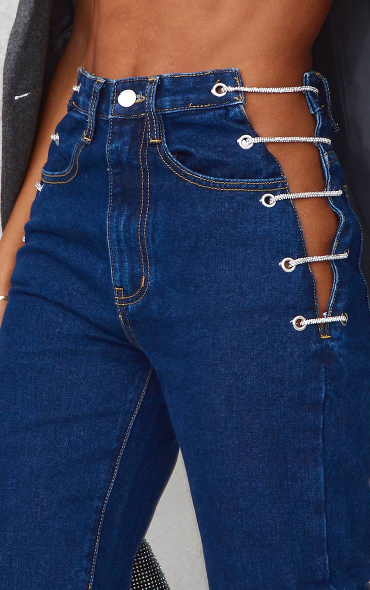 Dark Blue Wash Jean À Détails Latéraux Lacés Ornés De Strass
