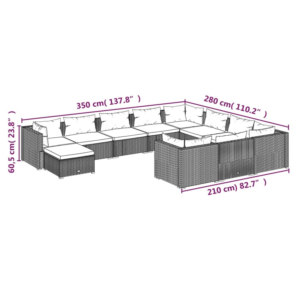 Salon de jardin meuble d'extérieur ensemble de mobilier 11 pièces avec coussins résine tressée gris