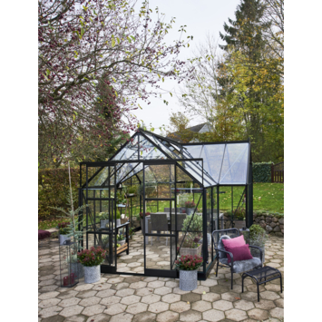 Tuinkas Royal Well Garden Room zwart gecoat met 3mm veiligheidsglas