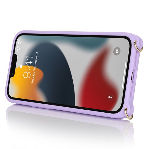 iPhone 13 Pro Necklace Leder Hülle mit Münzfach und Kartenfächer   Finger Griff Halterung   Handykette - Lila