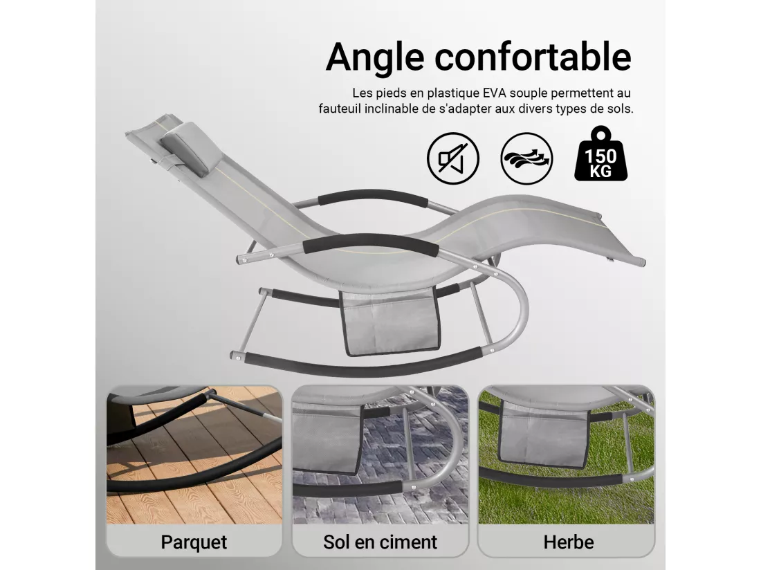 SoBuy OGS28-HG x2 Lot de 2 Bain de Soleil Chaise Longue Fauteuil à Bascule avec Appui-tête et Pochette et Repose-Pieds