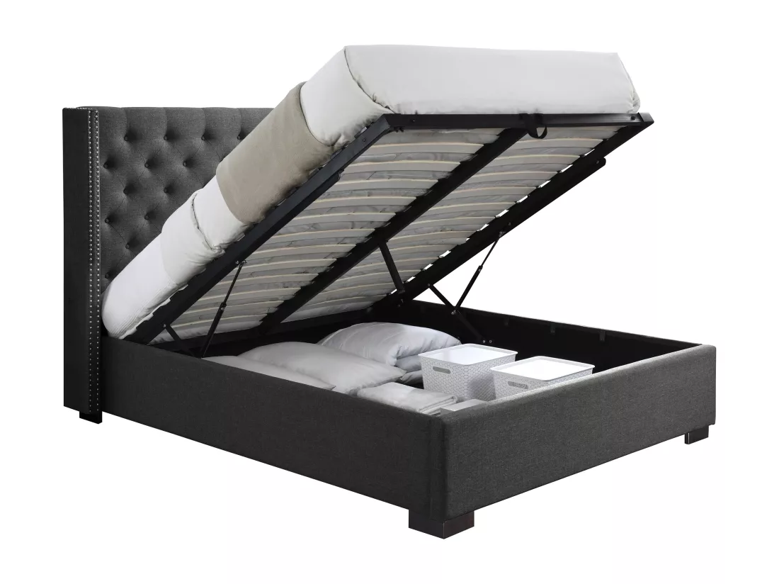 Lit coffre 140 x 200 cm avec tête de lit capitonnée - Tissu - Gris + Matelas - MASSIMO