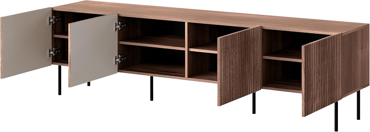 Mirjan24 TV-Lowboard Trigev 200 4D mit 4 Türen, innen 8 Fächer, geriffelte Fronten, Metallfüße, Fernsehschrank, Fernsehtisch, TV Schrank TV Bank (Nuss Warmia)