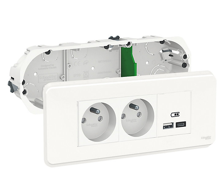 Bloc double prise avec terre et prise chargeur 2 usb A+C Schneider Electric Unica Pro blanc