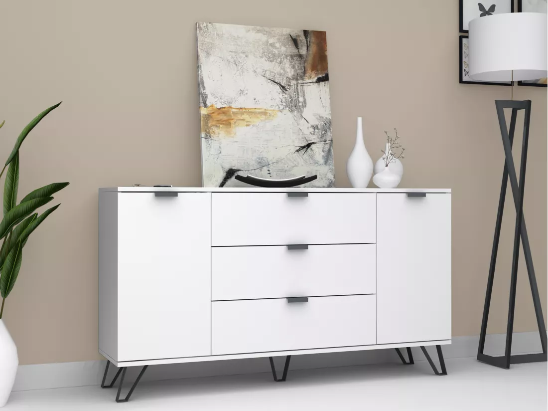 Buffet avec 2 portes et 3 tiroirs - Blanc et noir - MENODA