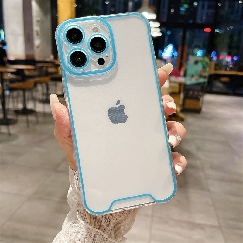iPhone 16 Gummi Case Hülle mit Fluoreszierendem Rahmen - Blau / Transparent