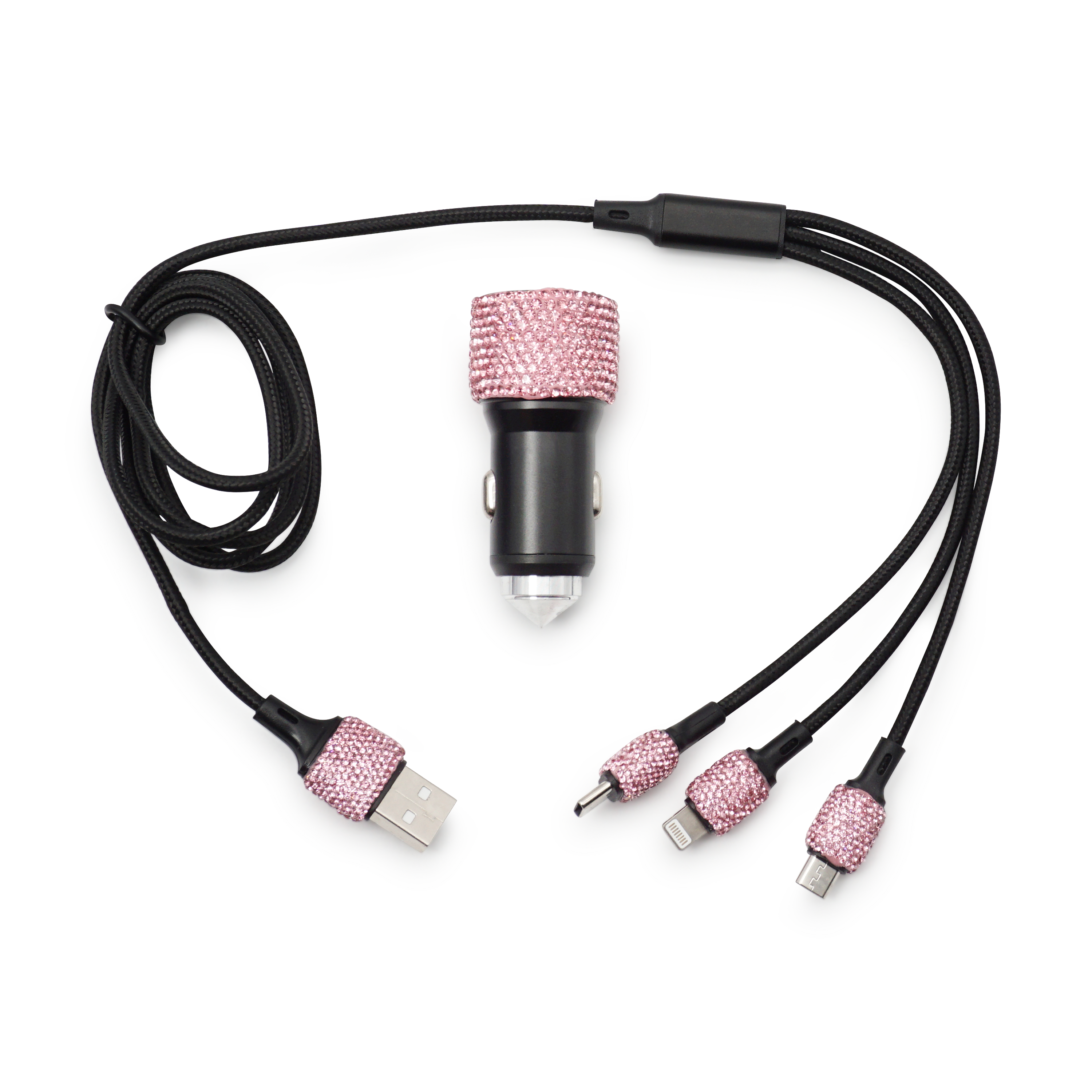 (1.2m) 3in1 Glitzer USB A auf Lightning / Micro USB / USB C Nylon Ladekabel   Dual KFZ Ladegerät - Pink