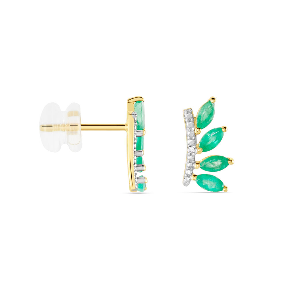 Boucles D'oreilles Puces Navette Or Jaune Emeraude Diamant