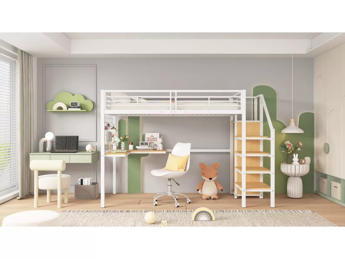 Lit mezzanine 90 x 200 cm avec bureau d'angle et armoire - fer + panneaux de particules - blanc + naturel
