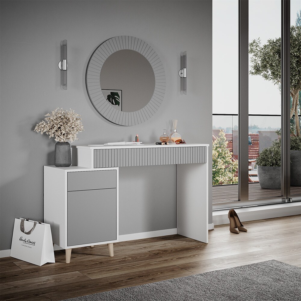 Vicco Schminktisch Frisiertisch Kosmetiktisch Arles Weiß Hellgrau Schminkspiegel 120x77 cm Skandi Schlafzimmerkommode Schminkkommode Schublade Ablage Aufbewahrung Frisierkommode Make-Up-Tisch