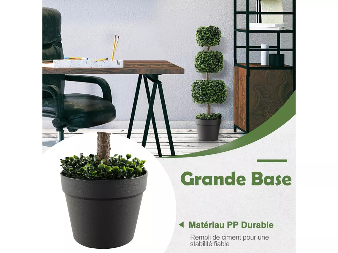 Arbre Topiaire en Buis Artificiel 75 cm de Forme Triple Carrée, Fausse Plante de Buis avec Pot en Plastique Rempli de Ciment, pour Décoration de Maison Bureau Jardin et Entrée