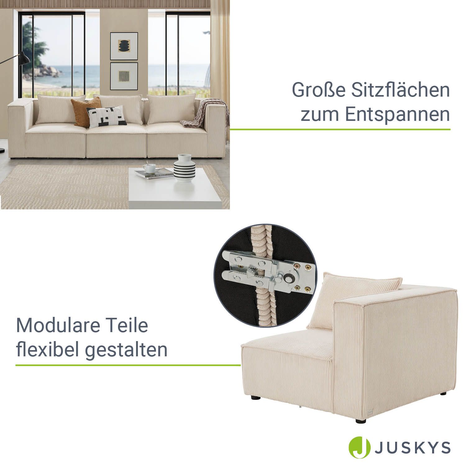 Juskys modulares Sofa Domas M - Couch Wohnzimmer - 3 Sitzer mit Lehnen & Kissen - Cord Beige