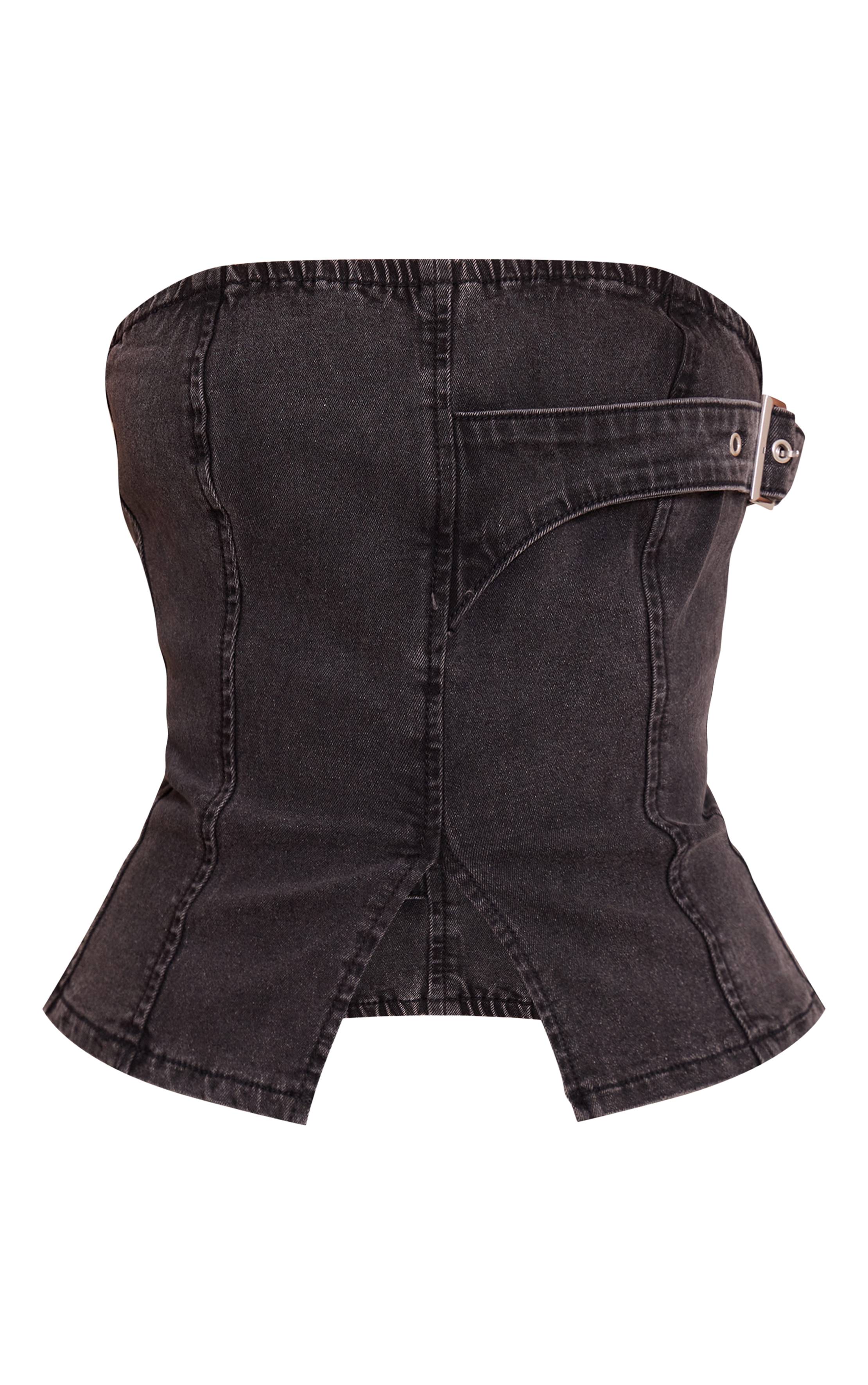 Noir Délavé Corset Bustier Bandeau Long En Denim Petite Taille
