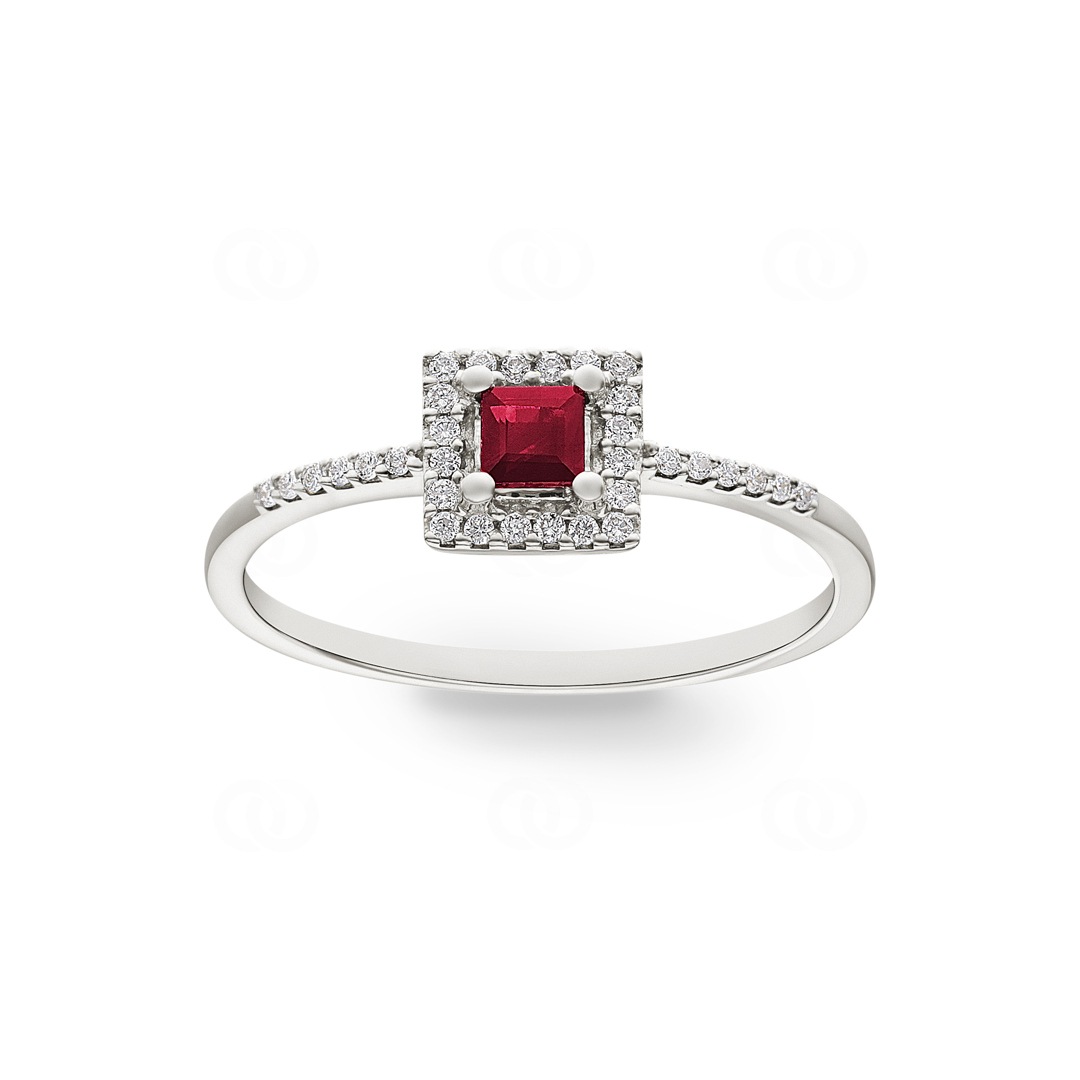 Damenring 750/18 K Weissgold mit Rubin und Diamanten 0.09 ct H/si
