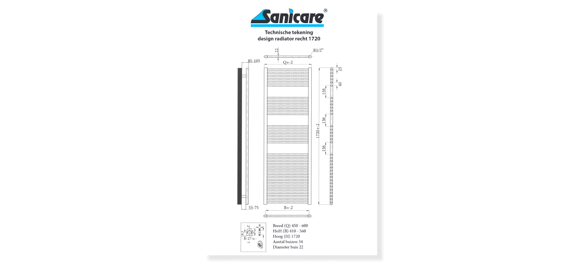 Sanicare HVS elektrische radiator 60x172cm wit met afstandsbediening en thermostaat wit linksonder