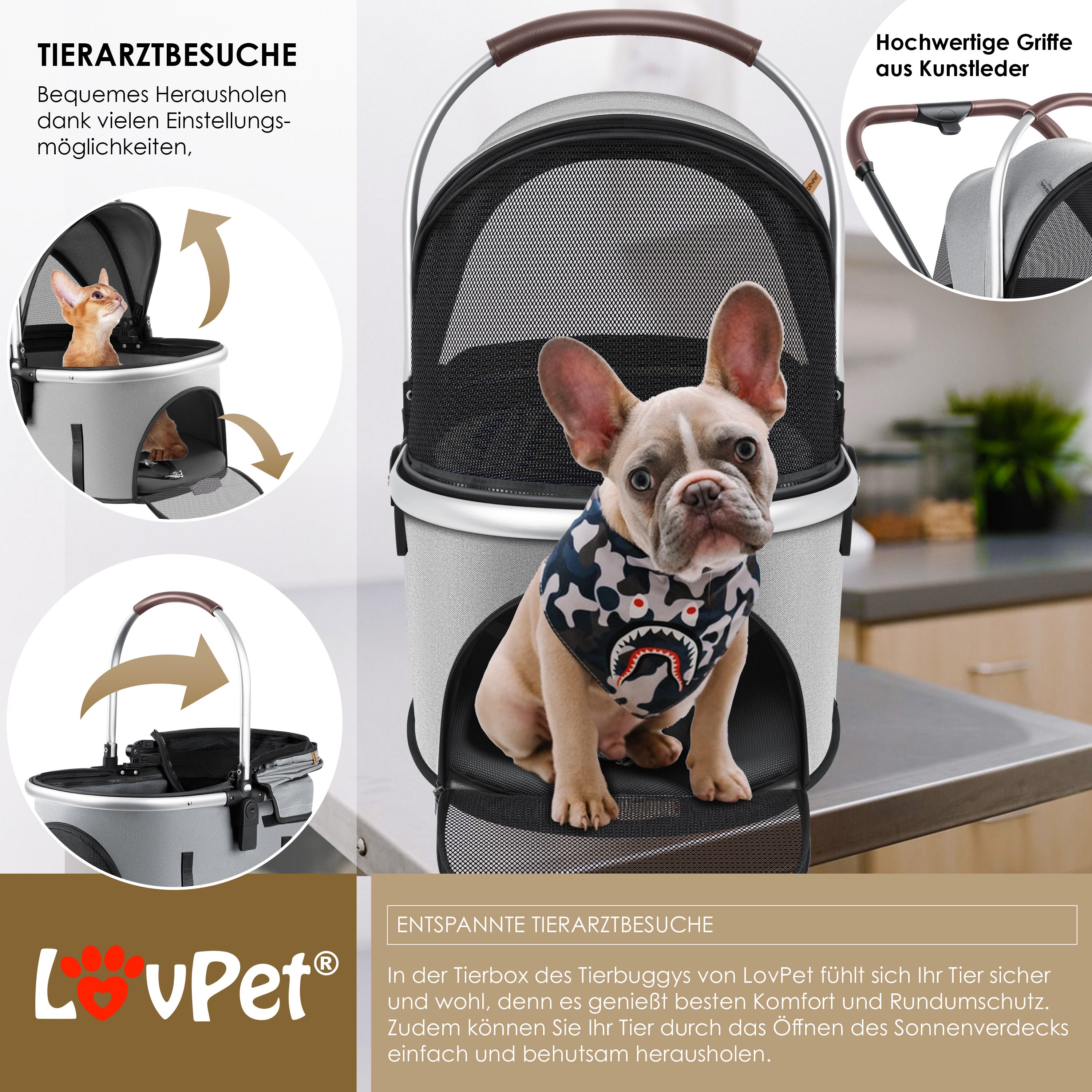 LOVPET® Hundewagen 3in1 Hundebuggy Hundebox Transporttasche 360° Große Räder Faltbar klappbar Haustiere Buggy mit Netzfenstern & Regenschutzabdeckung Jogger Katzenbuggy für kleine Hunde Katzen