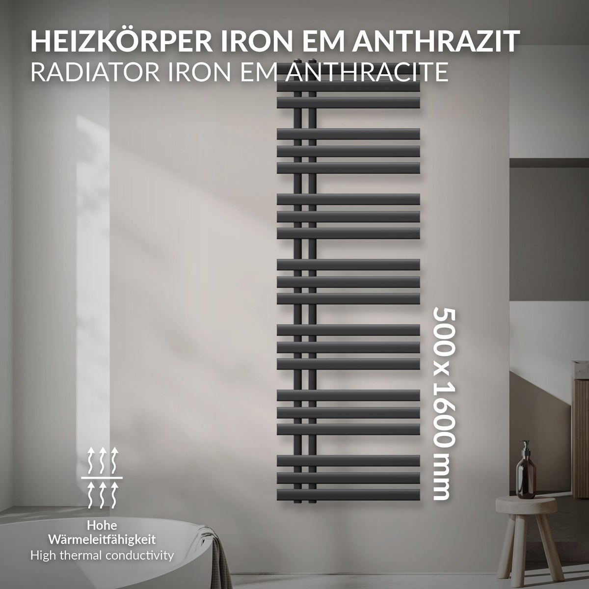 ECD Germany Iron EM Design Badkamerradiator - 500 x 1600 mm - Antraciet - Designradiator Paneelradiator Handdoekwarmer Handdoekdroger Verwarmingsradiator