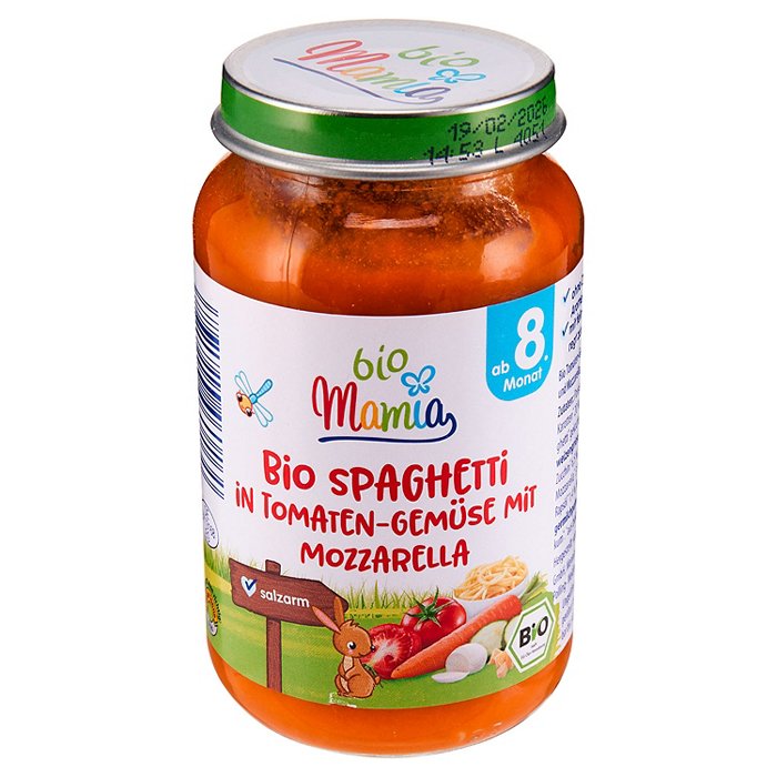 MAMIA BIO Bio-Menü 220 g, Spaghetti in Tomaten-Gemüse mit Mozzarella