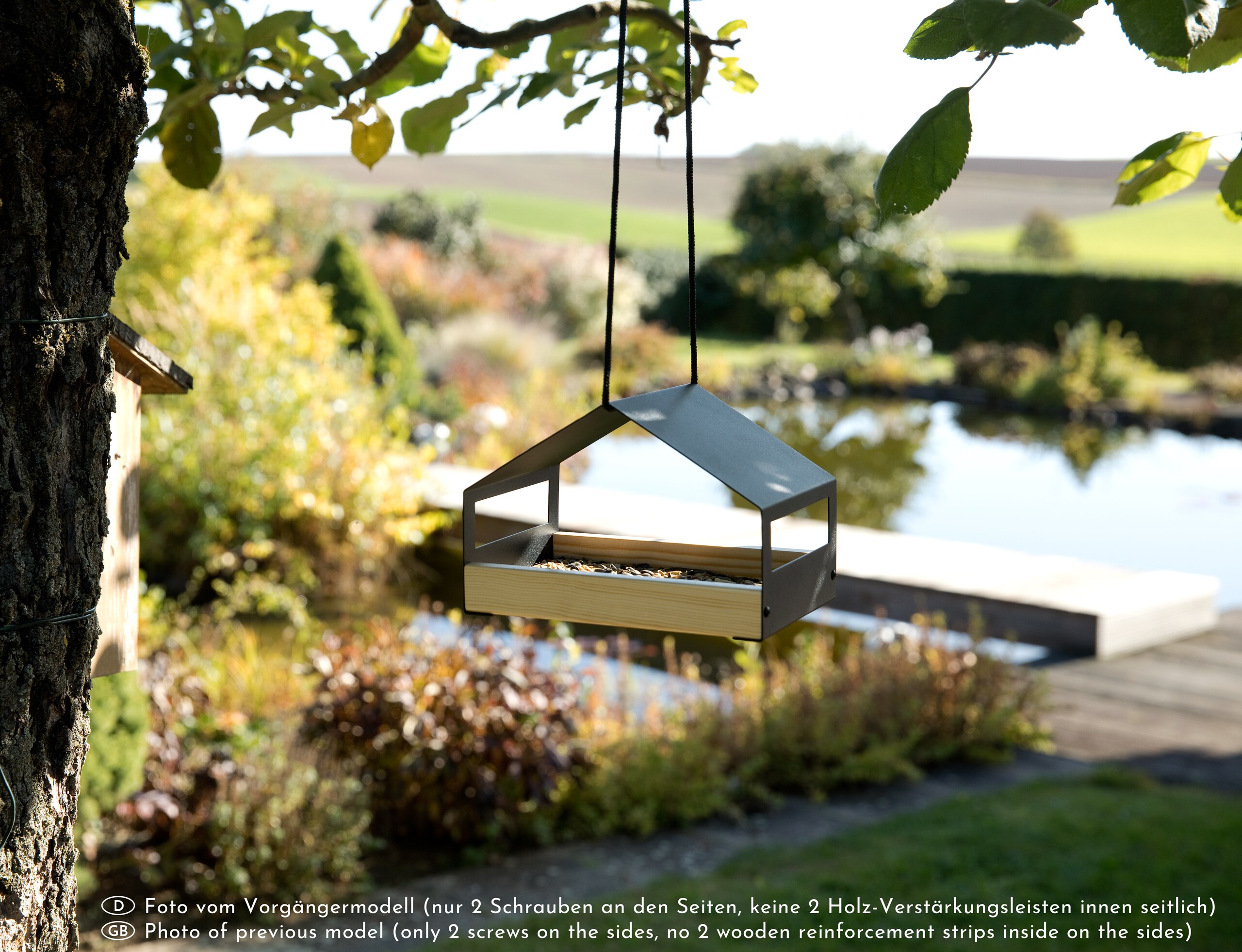 WONDERMAKE® Design Vogelhaus aus Metall und Holz wetterfest zum Aufhängen, modernes Vogelfutterhaus klein Metalldach hängend, Vogelhäuschen Futterhaus für Vögel, schwarz