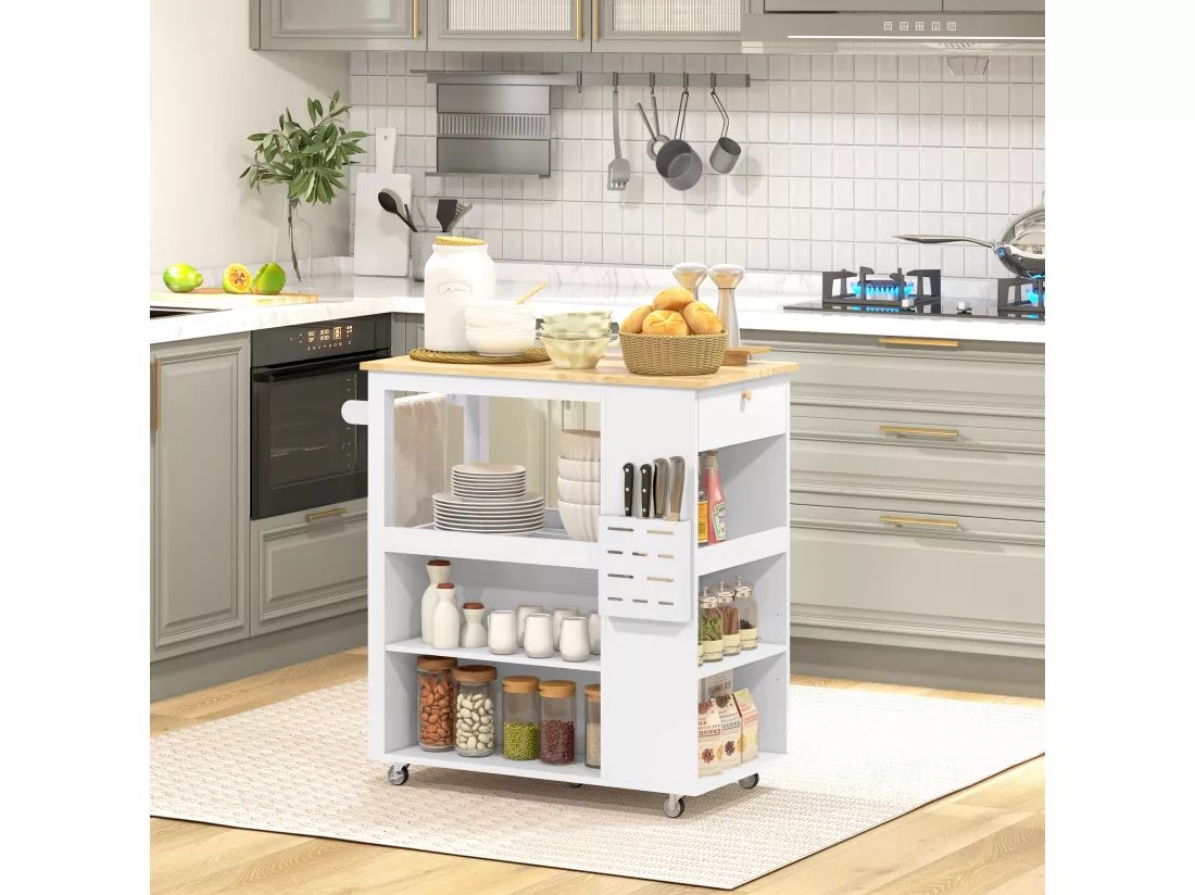 Desserte de cuisine style cosy chic multi-rangement blanc bois hévéa