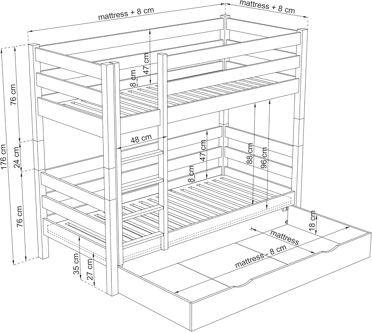 N01 Etagenbett mit Schublade 90x200 cm, Kinderbett mit Leiter, 2 Leitermontageseiten: Links oder rechts, abgerundete Kanten, Stabile Massivholzkonstruktion, Hochwertige Materialien, Weiß