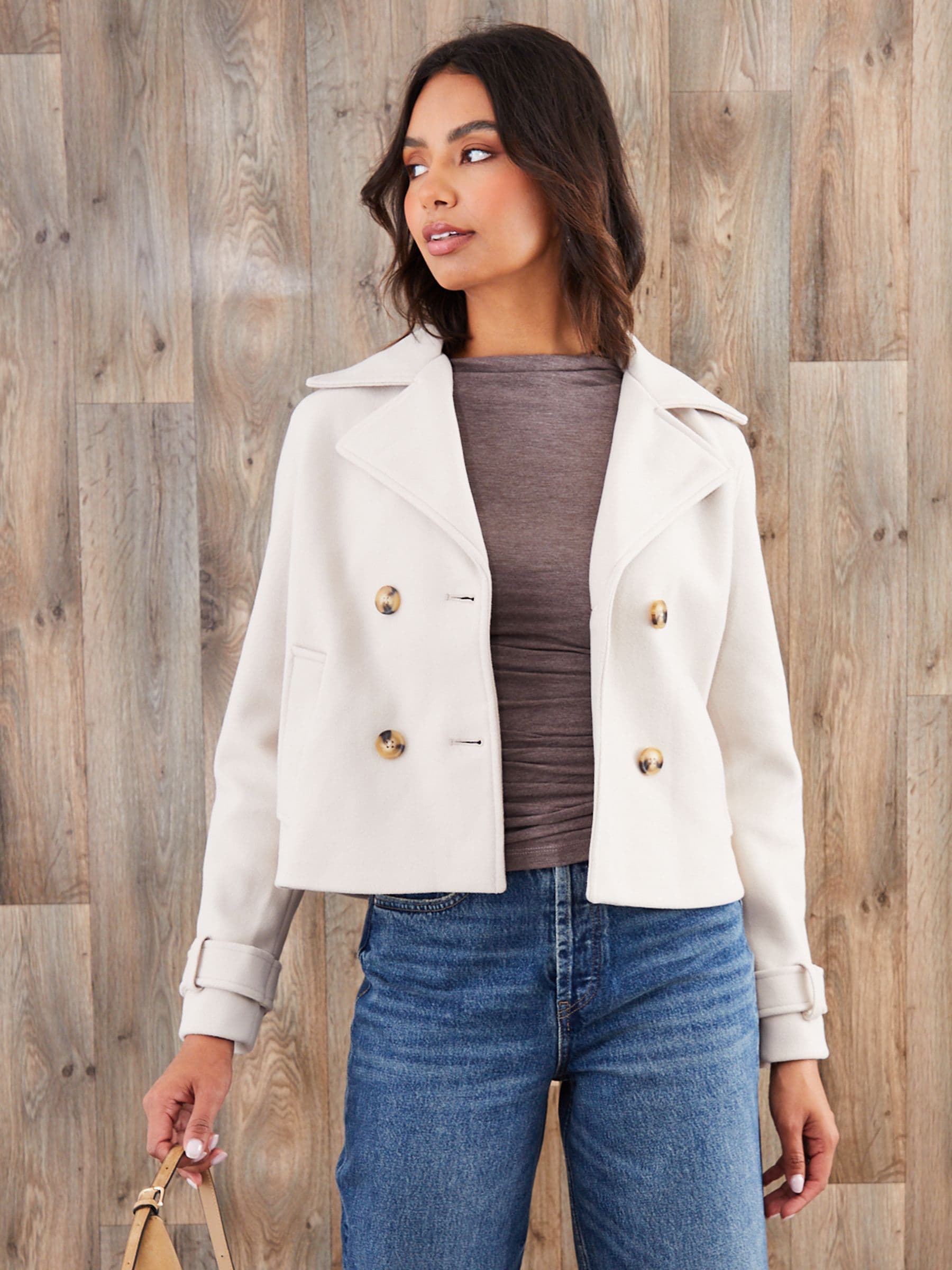 Crème - Threadbare Faux Wool Cropped Trench Coat