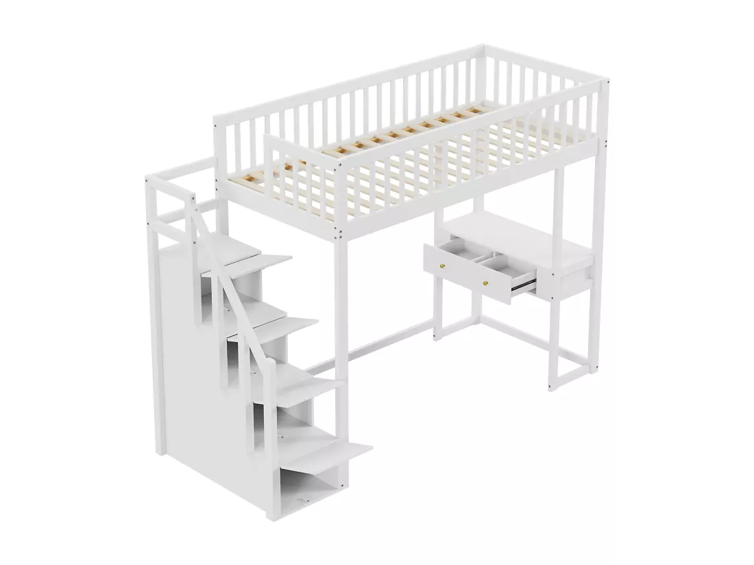 Lit mezzanine 90x200cm en bois - avec table et escalier de rangement - Blanc