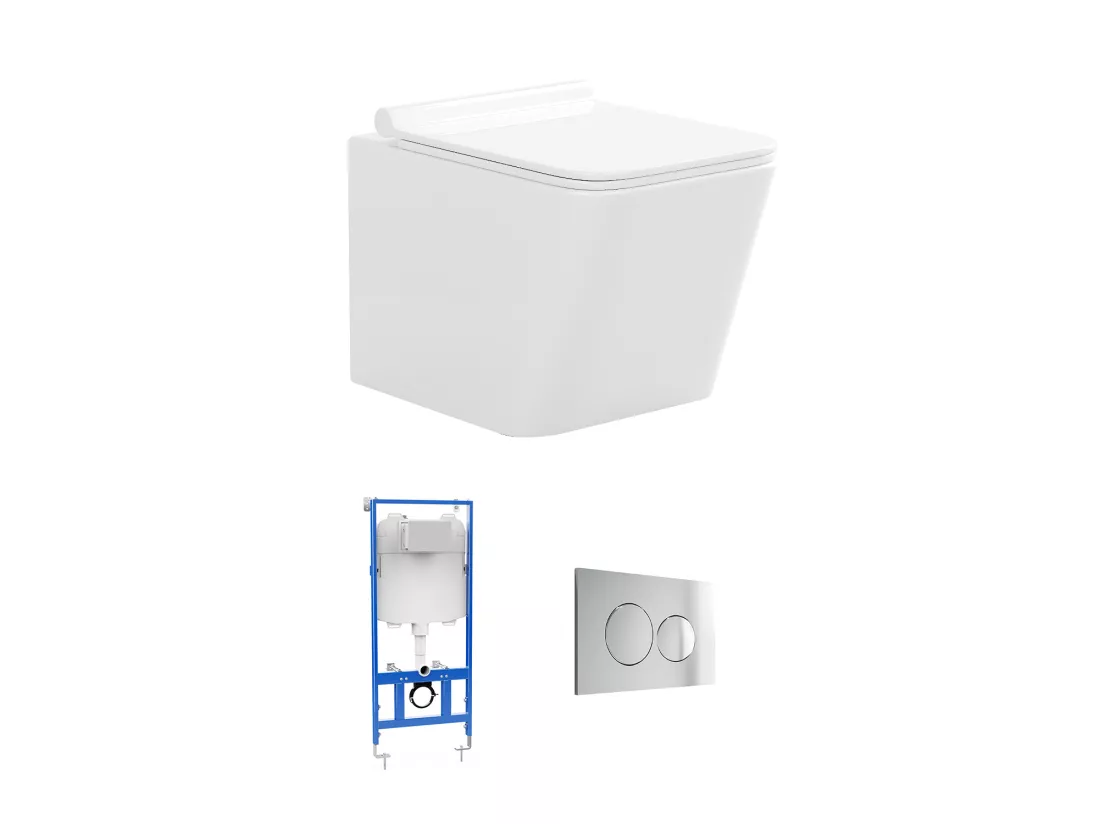 Pack WC suspendu blanc avec bâti-support et plaque de déclenchement chrome ronde - CLEMONA