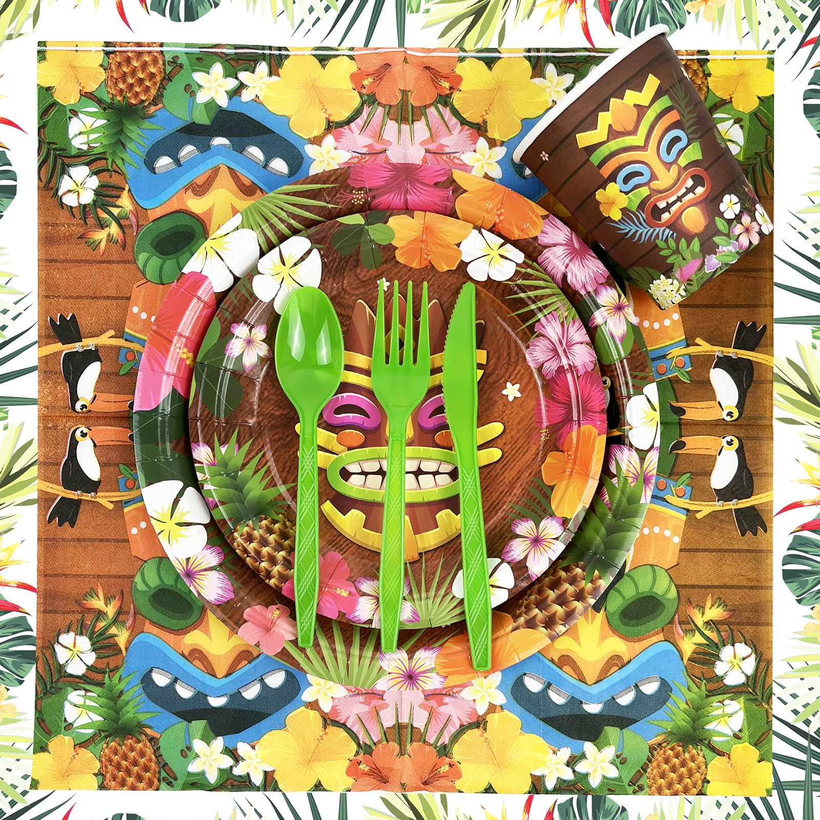 (168-tlg. Set) Einweg Geschirr Sommer Hawaii Party Tisch Dekoration inkl. Teller / Servietten / Papp Becher / Besteck - Tiki Totem