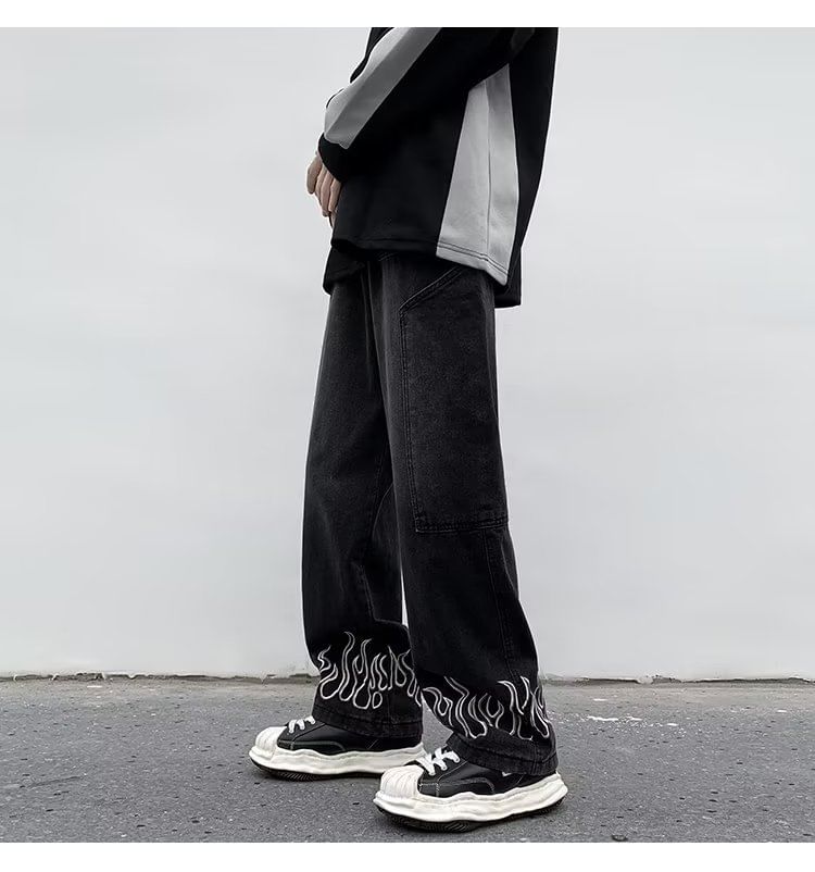 Double White - Mid Rise Flame Print Washed Panel Straight Leg Jeans