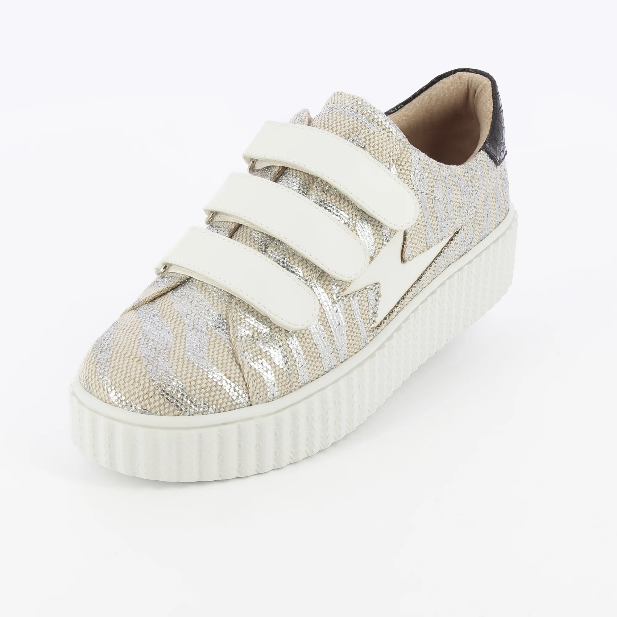 Sneakers-Baskets éclair Lindsey effet toile de jute beige et argent