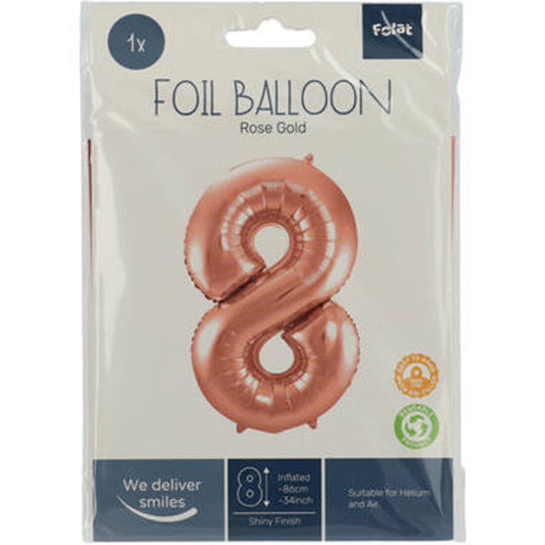 Cijferballon acht - rosé goudkleurig - 86 cm