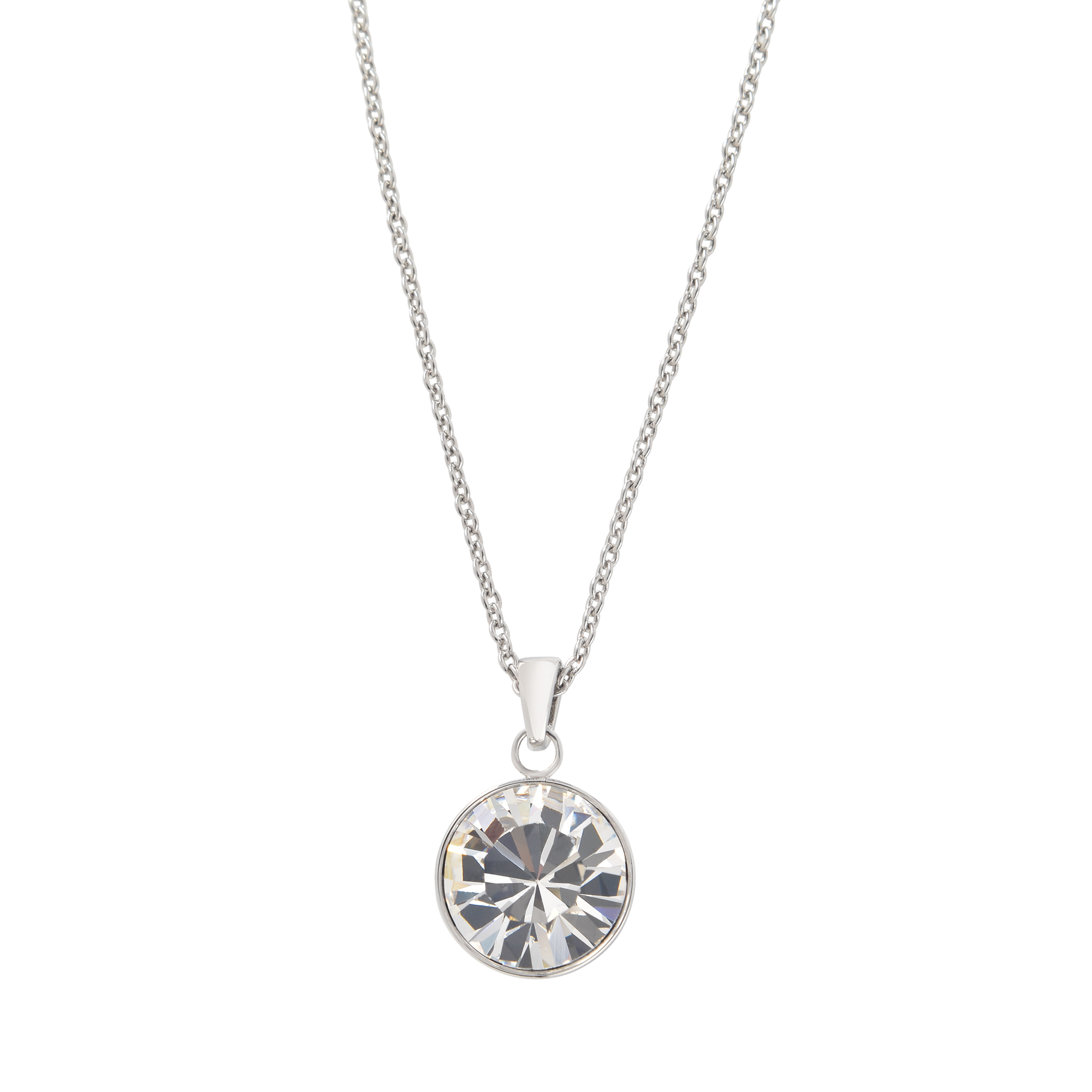 (47cm) Damen Halskette mit Kristall Anhänger Rund - Silber