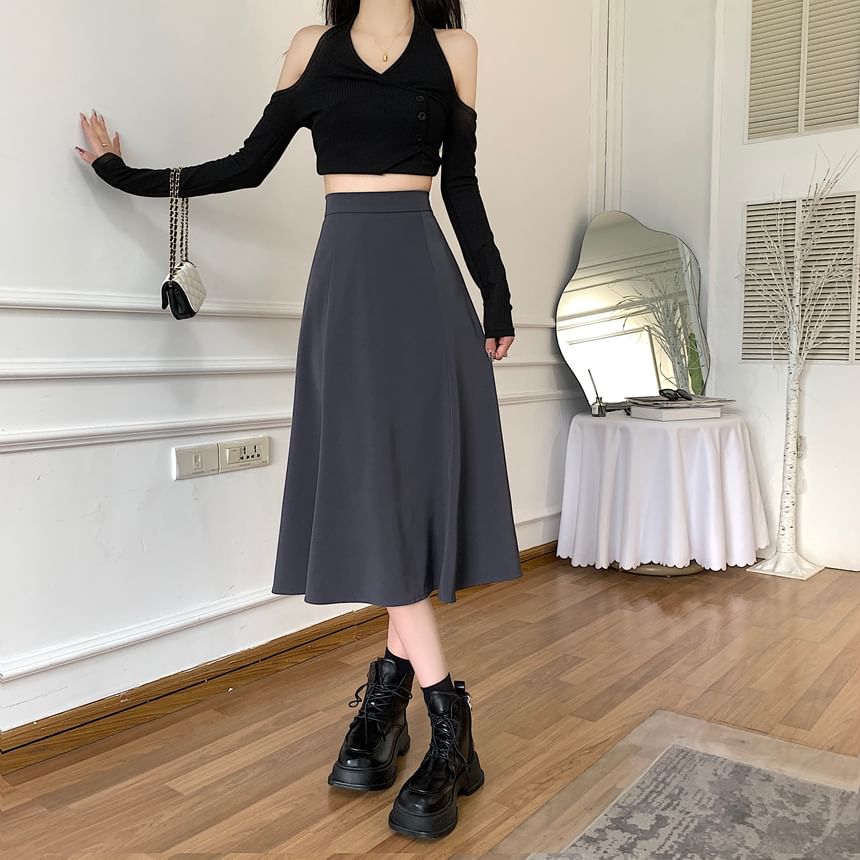 Shinsei - Hoge taille effen midi A-lijn rok