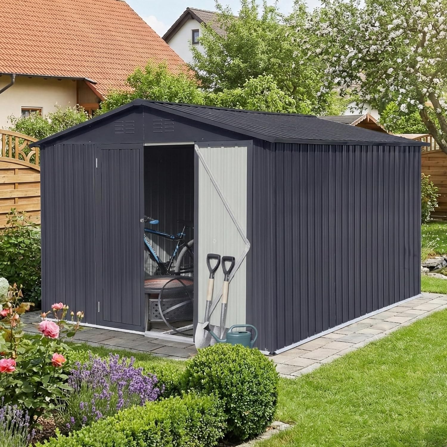 Albatros Gerätehaus 2XL | Anthrazit RAL 7016 | 259x313x192cm (15,5 m³) | abschließbar inkl. Schloss & Werkzeughaken | Gartenhaus aus verzinktem wetterfestem Metall | Geräteschuppen Gartenschrank