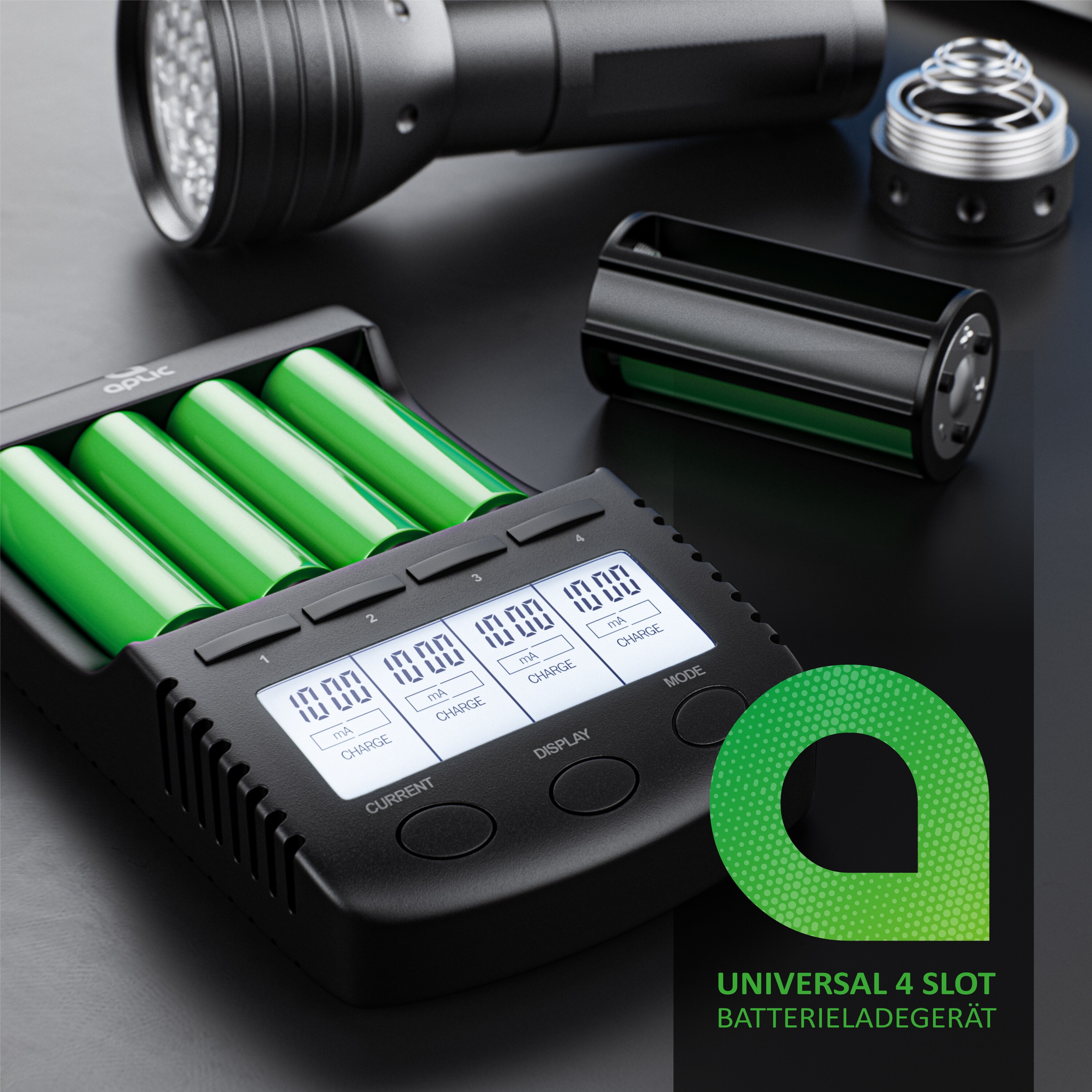 Aplic Batterie-Ladegerät 1000 mA, für Akku, mit USB-Ladeport für Li-ion / 18650 / Ni-MH / Ni-CD Akkus