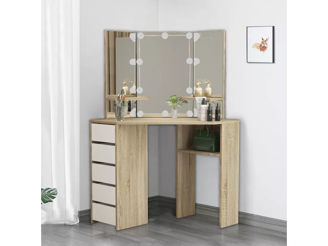 Table de coiffeuse maquillage sonoma avec miroir éclairage LED ML-DESIGN