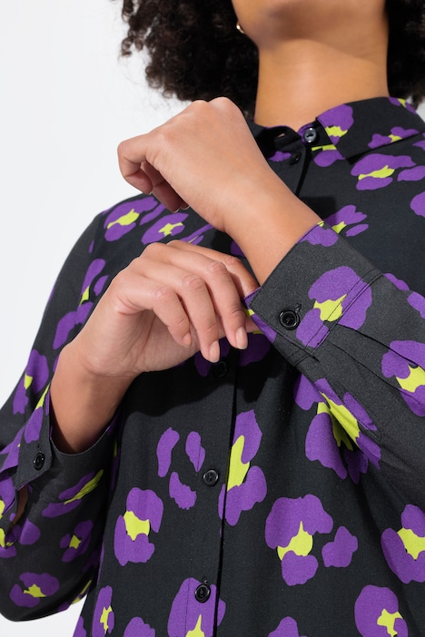 Bluse, A-Linie, farbiges Leomuster, Langarm