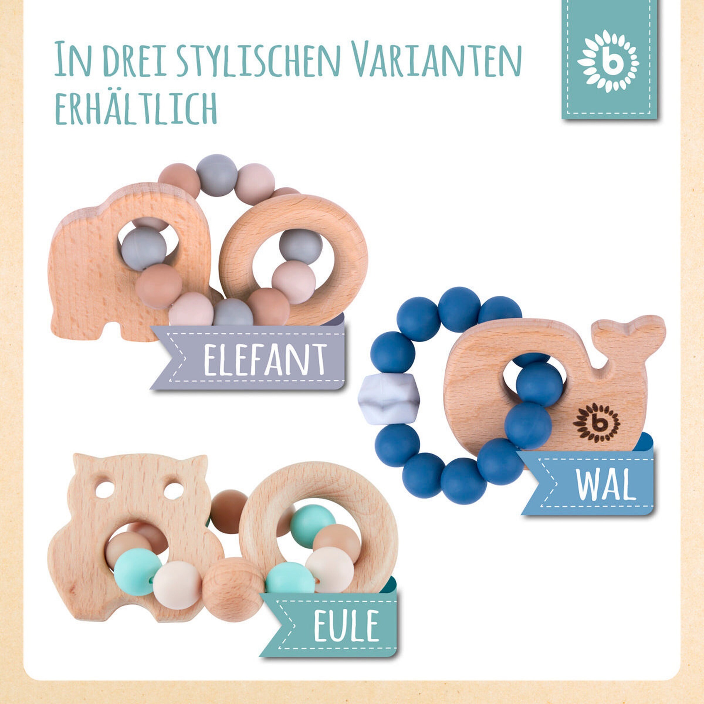 Bieco Greifling Holz Natur mit Silikon Kugel Eule - ab Geburt Blau