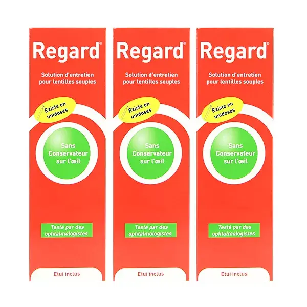 Solução para lentes de contato Regard, pacote com 3 frascos de 355ml + estojo.