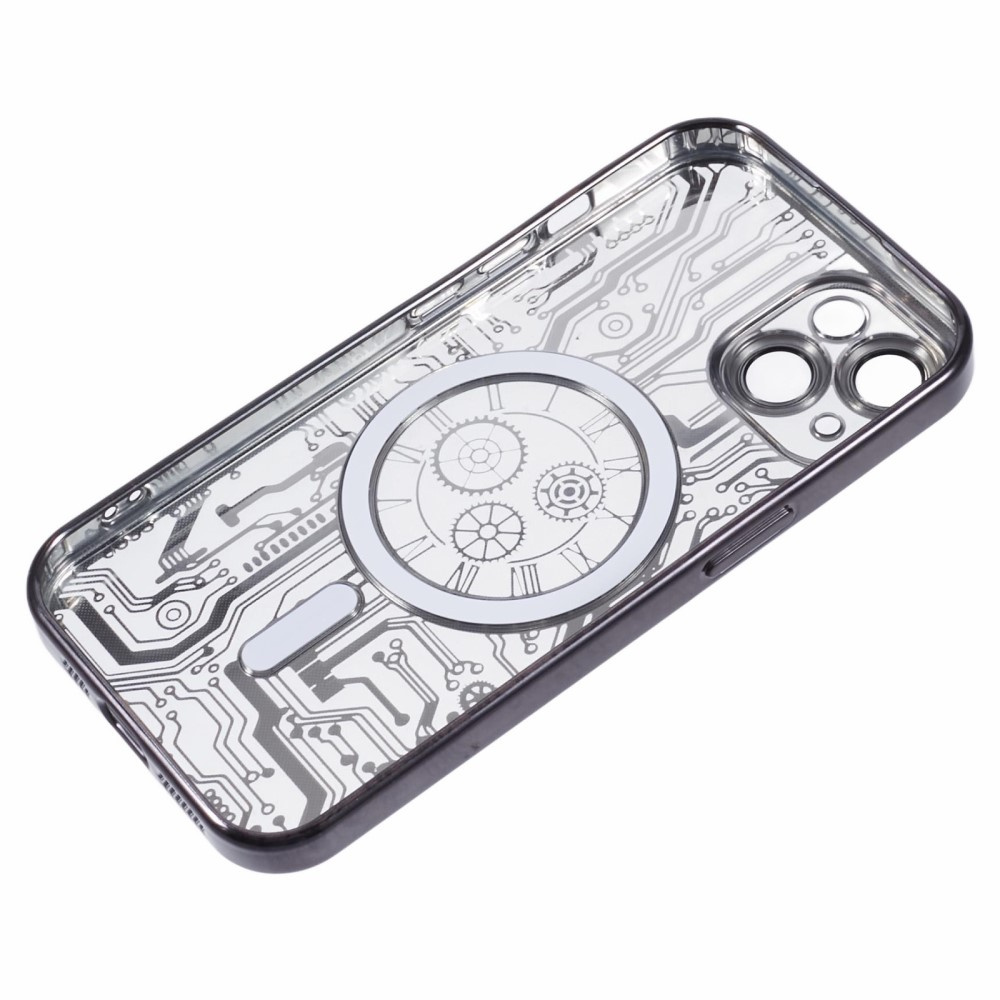 iPhone 15 MagSafe Gummi Case Hülle Galvanisierter Rahmen im Mechanischen Zahnrad Design   Kameraglasschutz - Schwarz