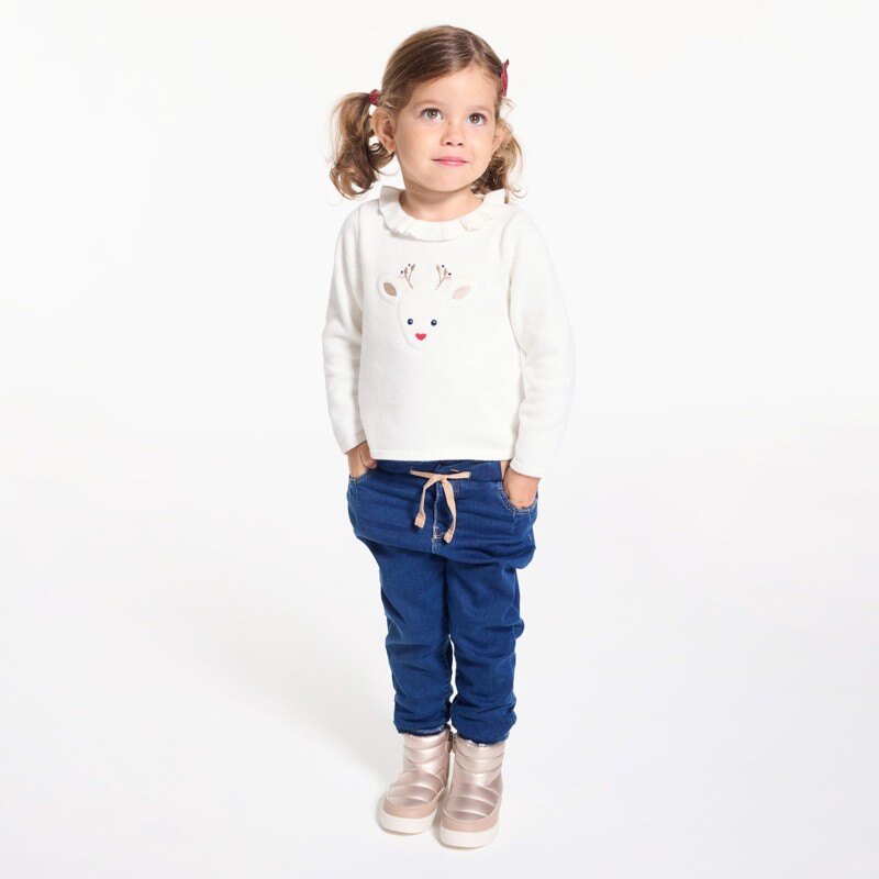 Pull maille tricot renne brodé blanc bébé fille Beige