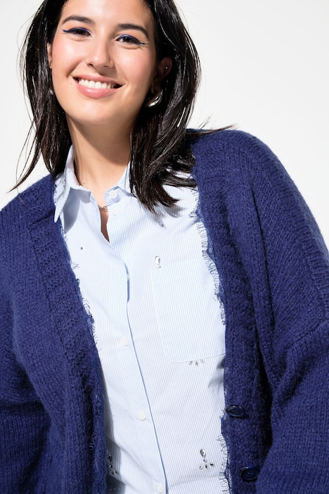 Strickjacke, oversized, Spitzenkante, Langarm