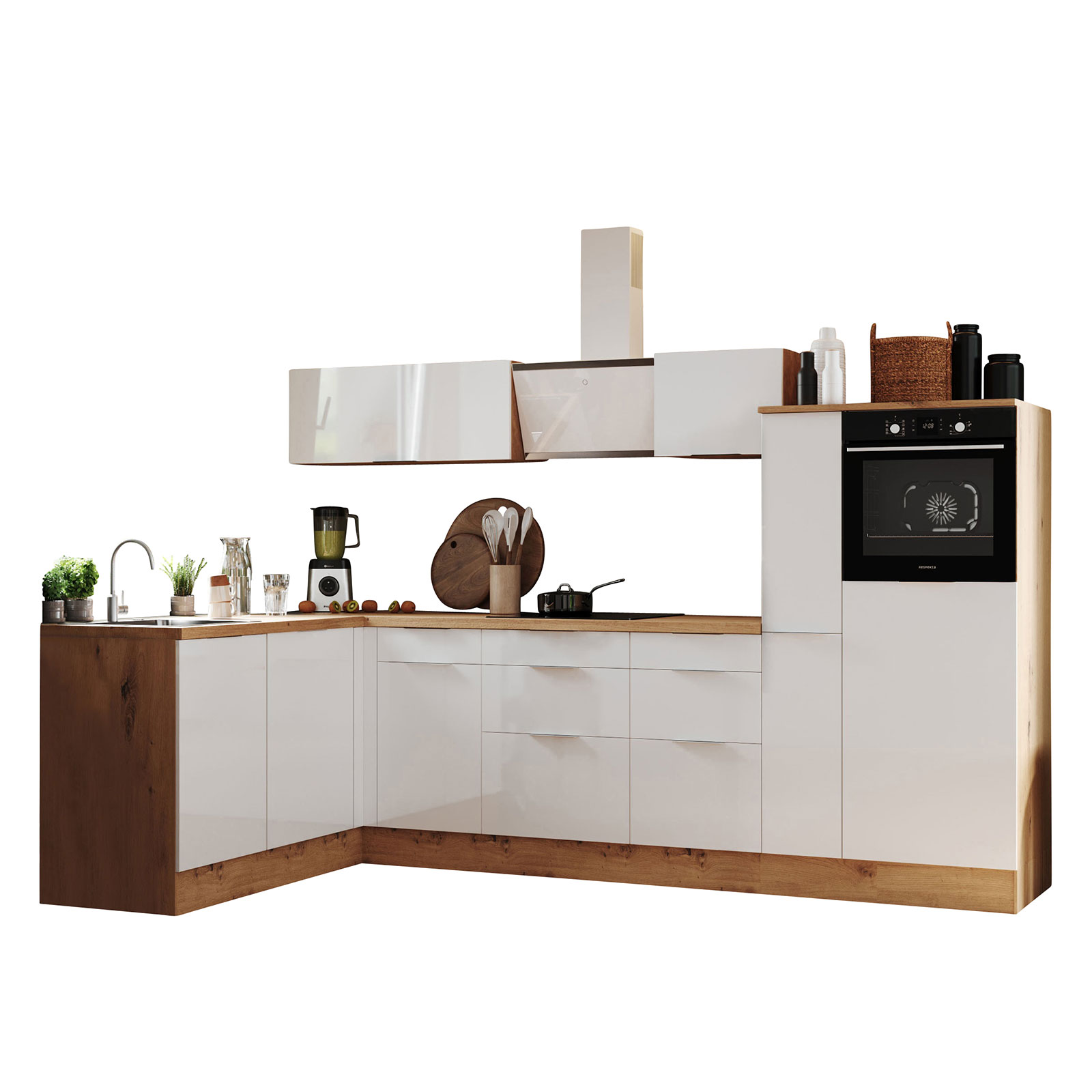 RESPEKTA Winkelküche - weiß Hochglanz - Artisan Eiche - mit E-Geräten - 310x175 cm