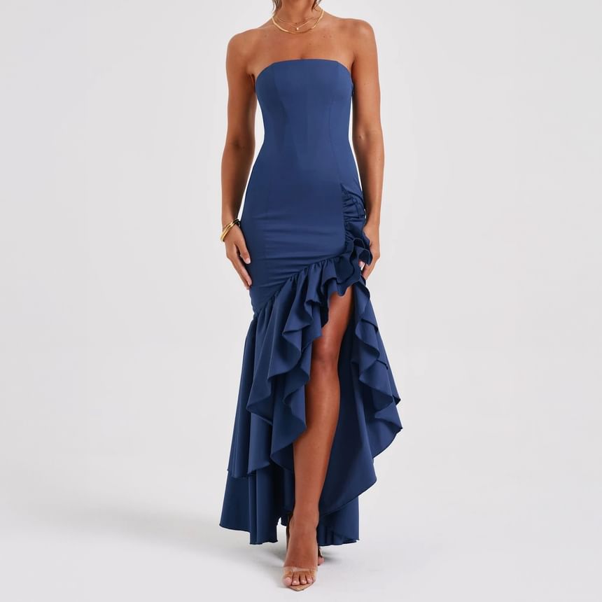 Rosesand - Strapless maxi-jurk met ruches en effen zoom