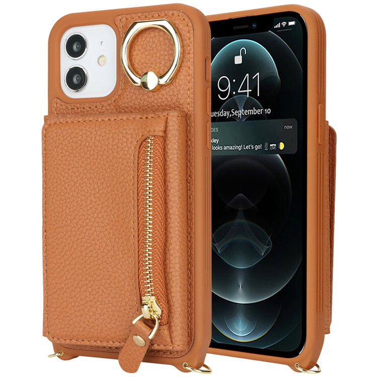 iPhone 12 / iPhone 12 Pro Necklace Leder Hülle mit Münzfach und Kartenfächer   Finger Griff Halterung   Handykette - Braun